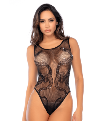 Body noir en résille motif serpent, orné de strass, ouvert à l’entrejambe - Mapalé